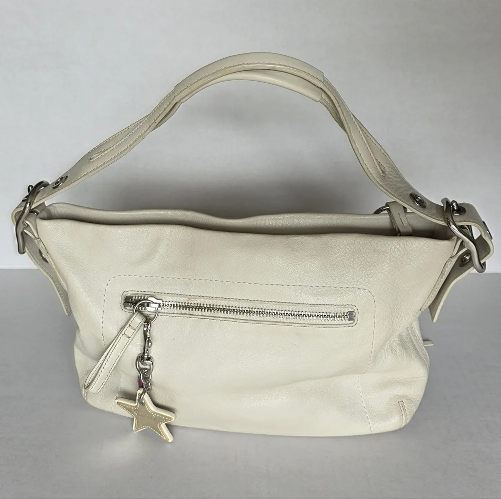 COACH Pebbled Leather Shoulder Bag with Tassel Charm Cream Color - Picture 2 of 7